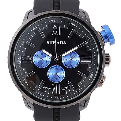 Strada Japanese Movement Blue false Button Dial Watch in Black Silicone Strap (25.90 mm) (6-7.5 Inches)
