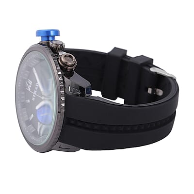 Strada Japanese Movement Blue false Button Dial Watch in Black Silicone Strap (25.90 mm) (6-7.5 Inches)