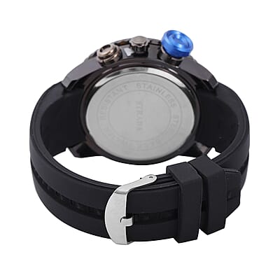 Strada Japanese Movement Blue false Button Dial Watch in Black Silicone Strap (25.90 mm) (6-7.5 Inches)