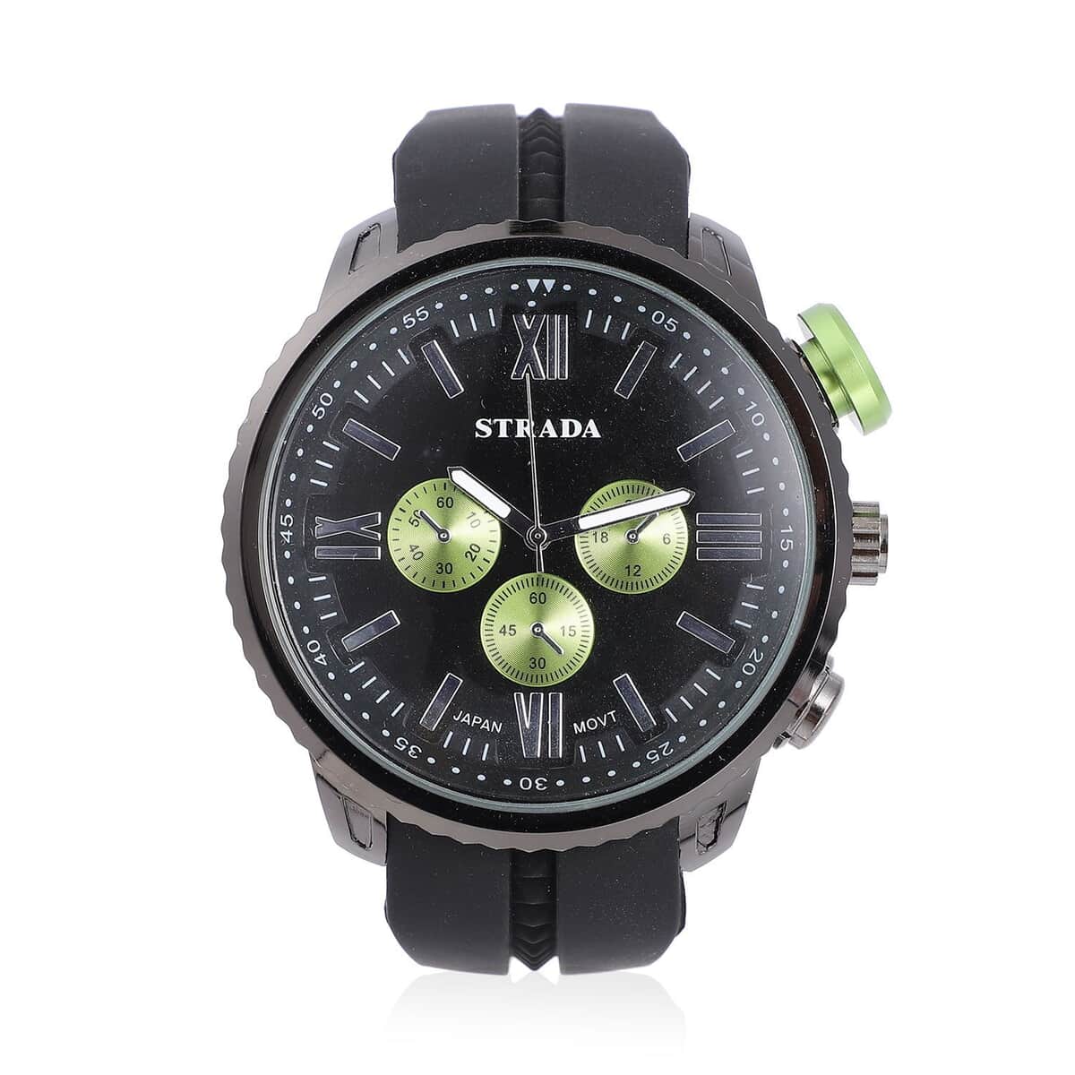 Strada Japanese Movement Green false Button Dial Watch in Black Silicone Strap (25.90 mm) (6-7.5 Inches) image number 0
