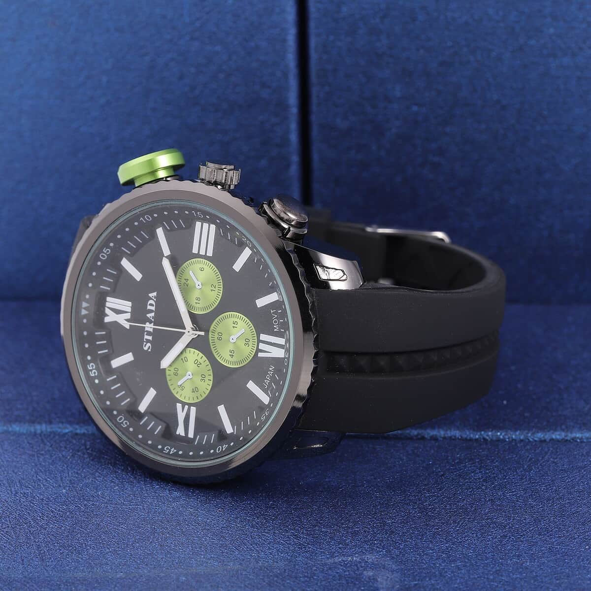 Strada Japanese Movement Green false Button Dial Watch in Black Silicone Strap (25.90 mm) (6-7.5 Inches) image number 1