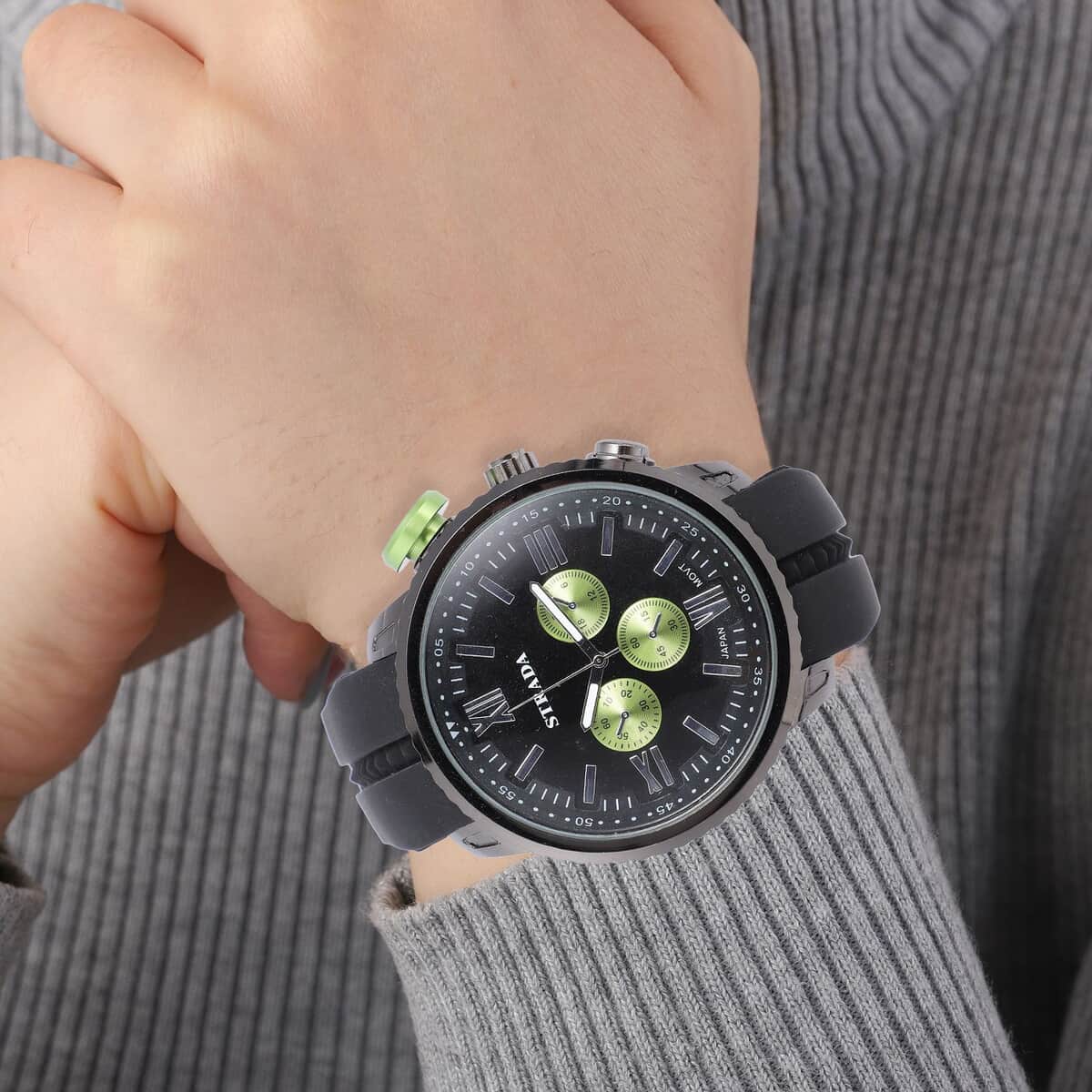 Strada Japanese Movement Green false Button Dial Watch in Black Silicone Strap (25.90 mm) (6-7.5 Inches) image number 2