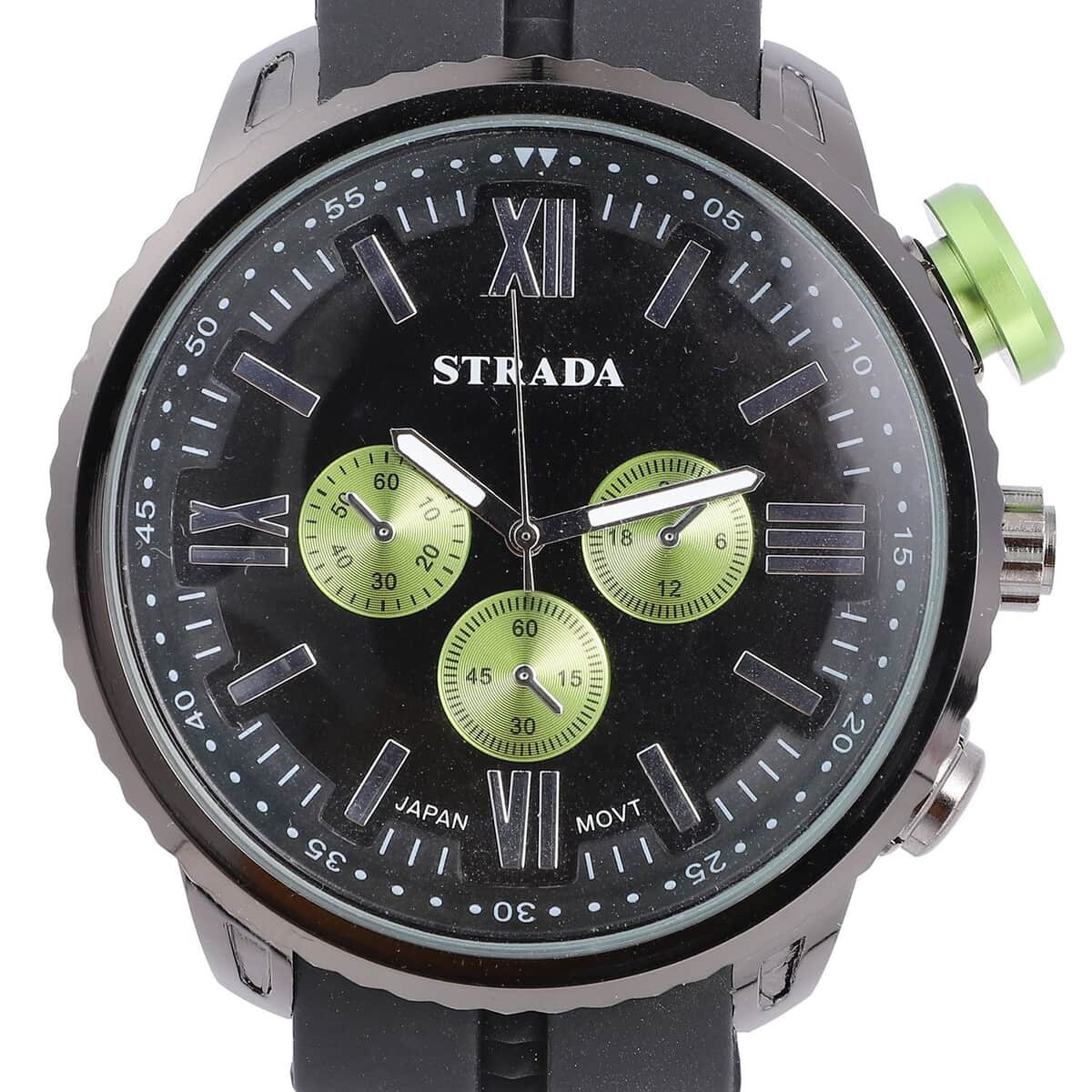 Strada Japanese Movement Green false Button Dial Watch in Black Silicone Strap (25.90 mm) (6-7.5 Inches) image number 3