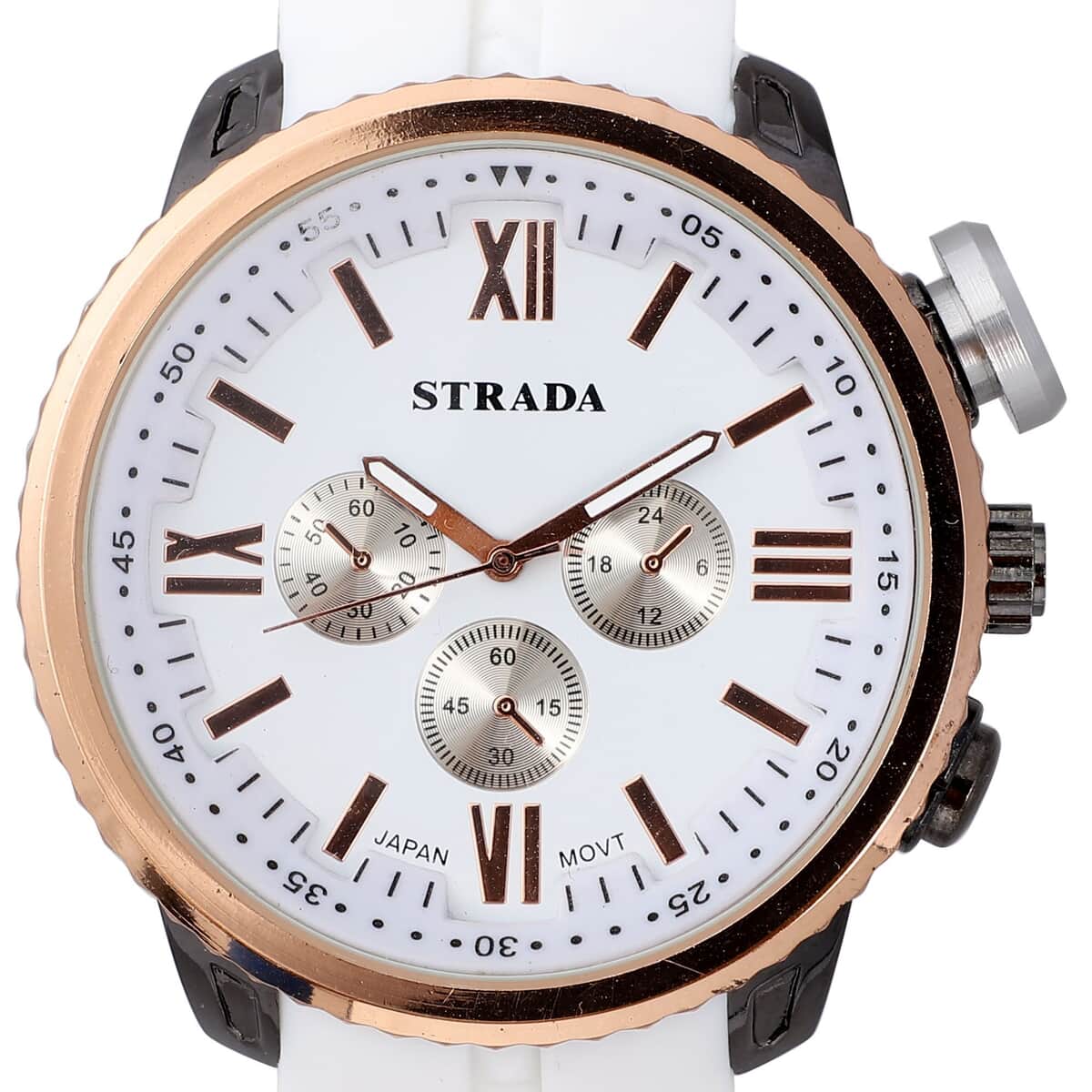 Strada Japanese Movement Steel Color false Button Dial Watch in White Silicone Strap (25.90 mm) (6-7.5 Inches) image number 3