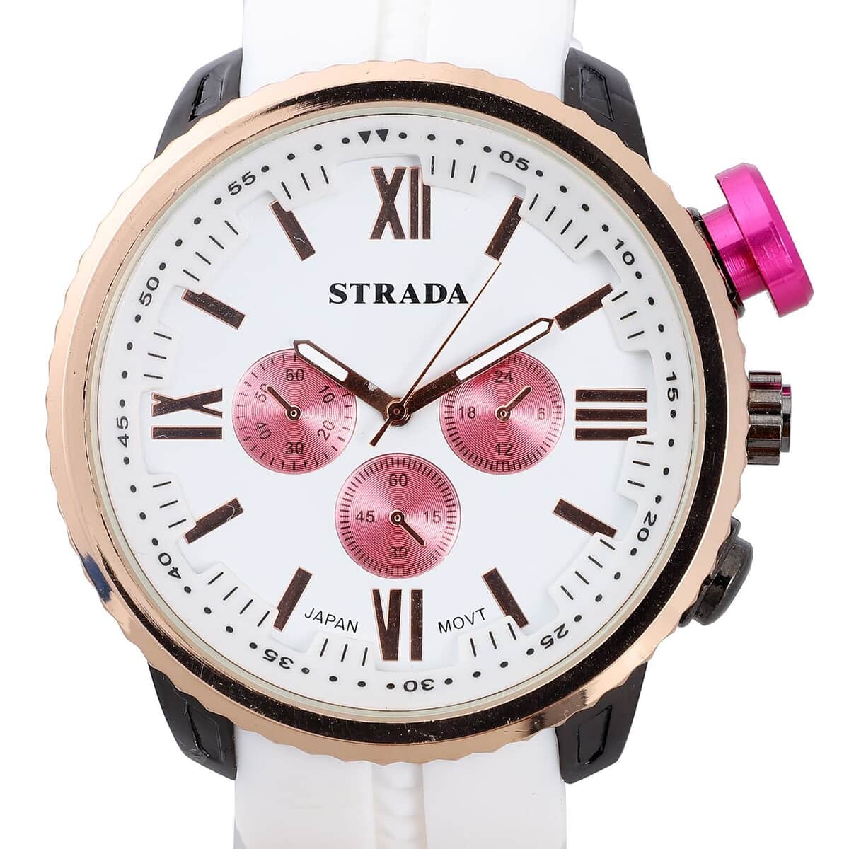 Strada Japanese Movement Peach false Button Dial Watch in White Silicone Strap (25.90 mm) (6-7.5 Inches) image number 3