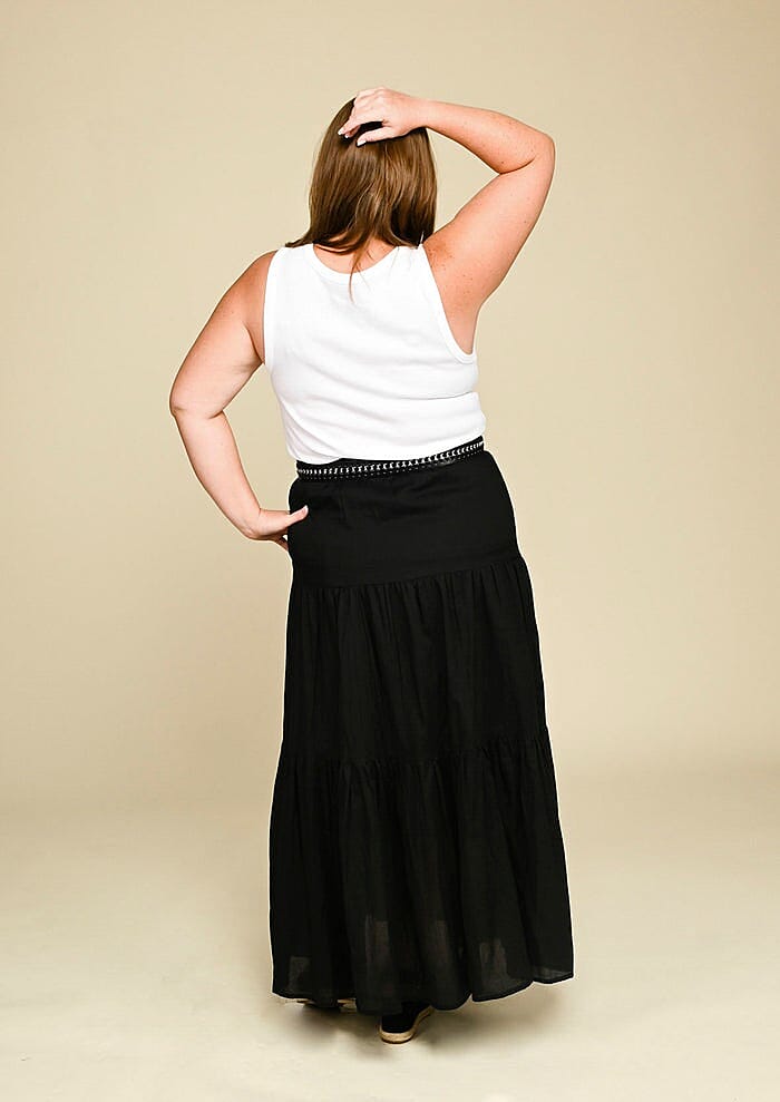 Tamsy Black 100% Cotton Voile 3 Tier Skirt wit Elasticity Waist - L