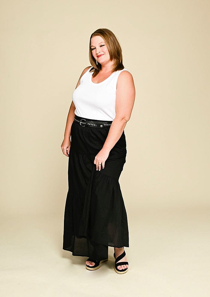 Tamsy Black 100% Cotton Voile 3 Tier Skirt wit Elasticity Waist - L