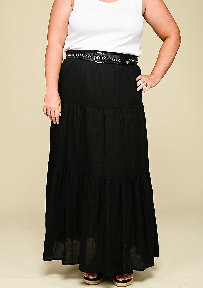 Tamsy Black 100% Cotton Voile 3 Tier Skirt wit Elasticity Waist - L