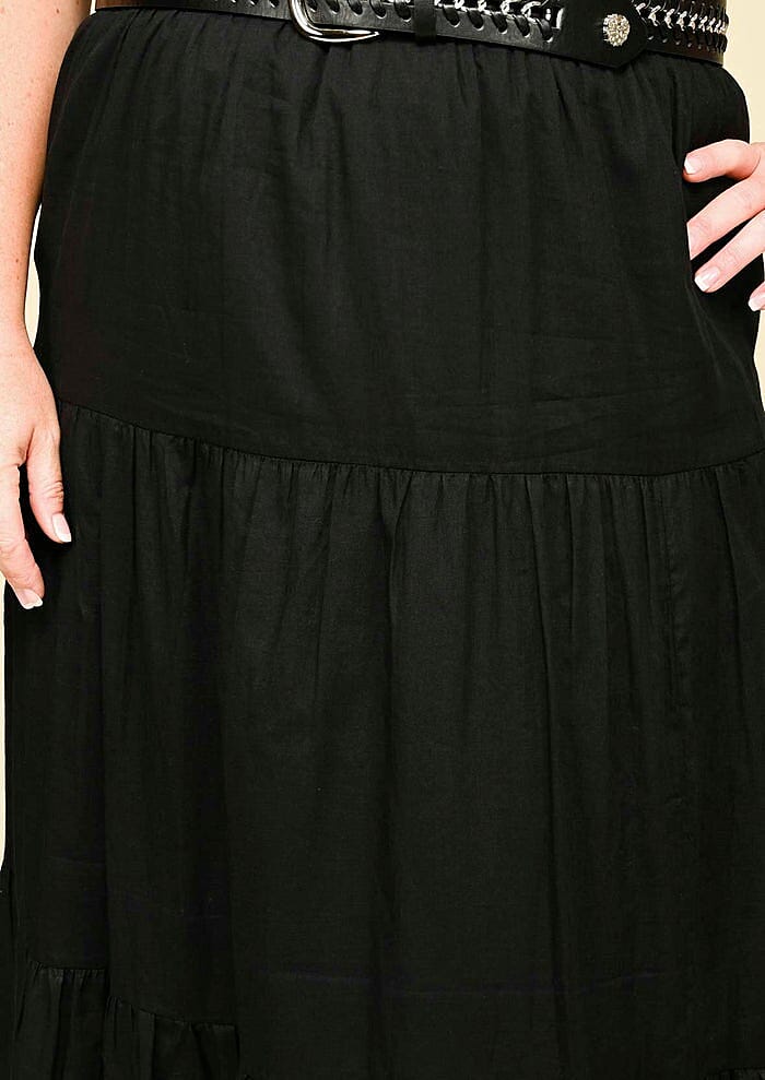 Tamsy Black 100% Cotton Voile 3 Tier Skirt wit Elasticity Waist - L