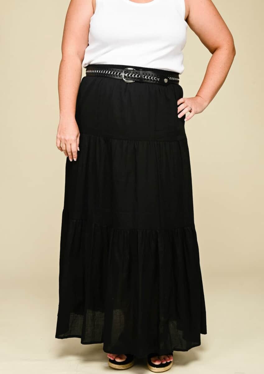 Tamsy Black 100% Cotton Voile 3 Tier Skirt wit Elasticity Waist - 1X image number 3