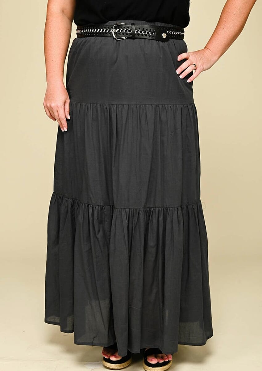 Tamsy Gray 100% Cotton Voile 3 Tier Skirt with Elasticity Waist image number 3