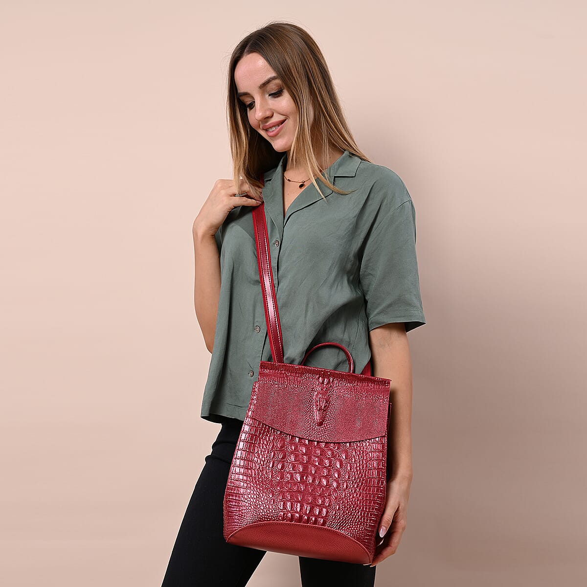 Metallic Wine Red Genuine Leather Crocodile Embossed Pattern Backpack with 37 Adjustable Shoulder Strap image number 1