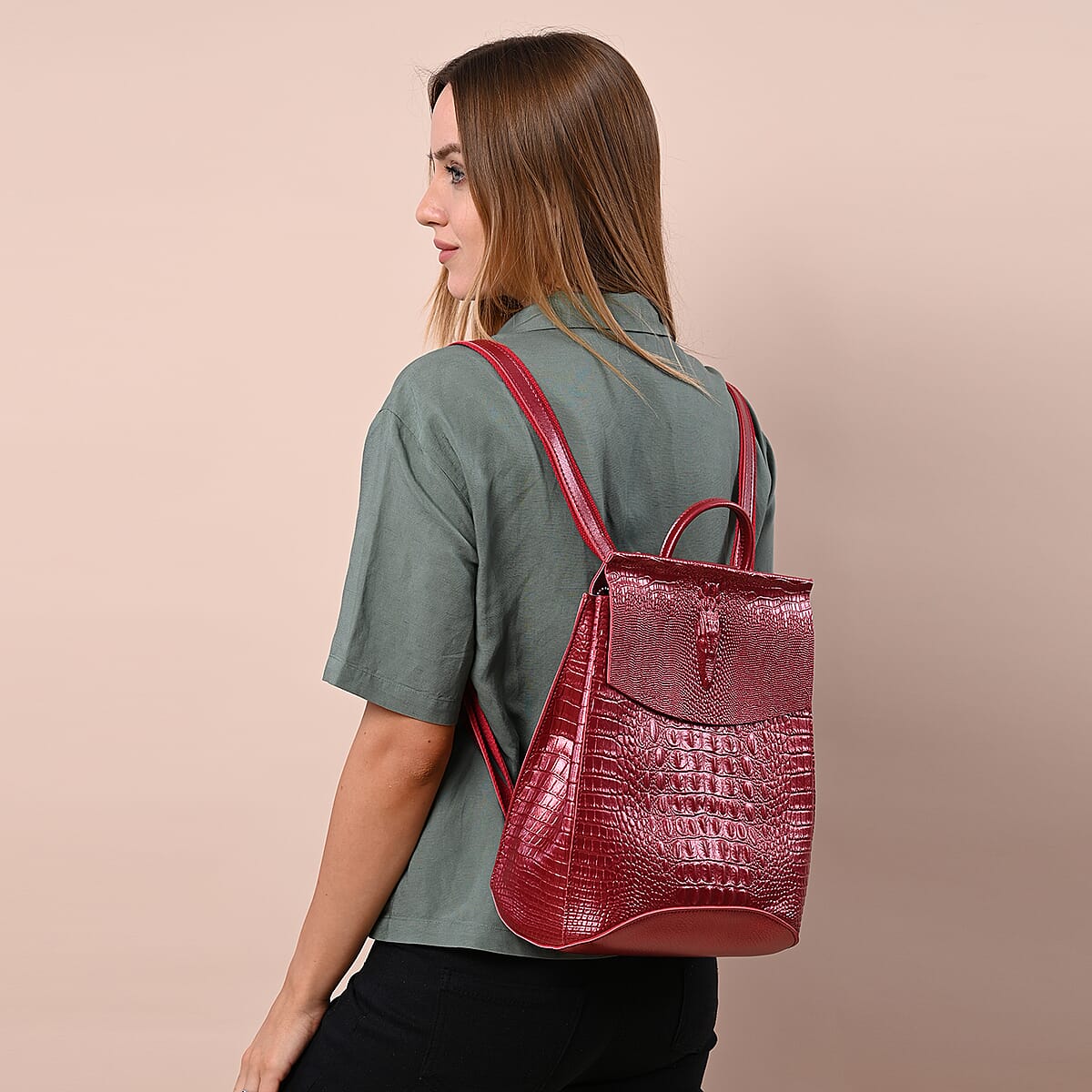 Metallic Wine Red Genuine Leather Crocodile Embossed Pattern Backpack with 37 Adjustable Shoulder Strap image number 2