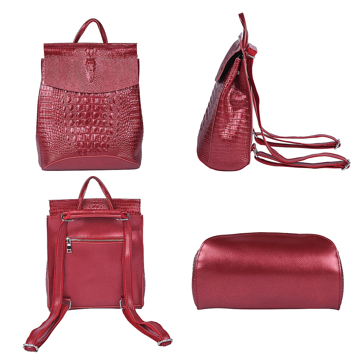 Metallic Wine Red Genuine Leather Crocodile Embossed Pattern Backpack with 37 Adjustable Shoulder Strap image number 3