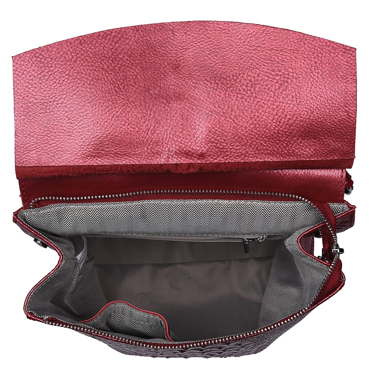 Metallic Wine Red Genuine Leather Crocodile Embossed Pattern Backpack with 37 Adjustable Shoulder Strap image number 4