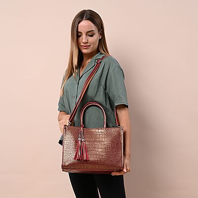 Metallic Brown Crocodile Pattern Genuine Leather Convertible Bag with Detachable Shoulder Strap , Leather Handbag , Crossbody Bag , Purse , Leather Bag for Women