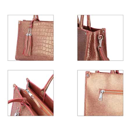 Metallic Brown Crocodile Pattern Convertible Tote Bag