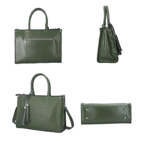 Olive Green Crocodile Pattern Genuine Leather Convertible Bag with Detachable Shoulder Strap, Leather Handbag, Crossbody Bag, Purse, Leather Bag for