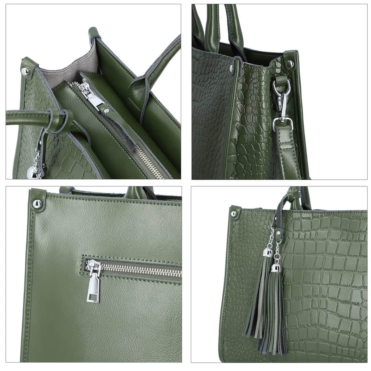 Olive Green Crocodile Pattern Genuine Leather Convertible Bag with Detachable Shoulder Strap, Leather Handbag, Crossbody Bag, Purse, Leather Bag for Women image number 6