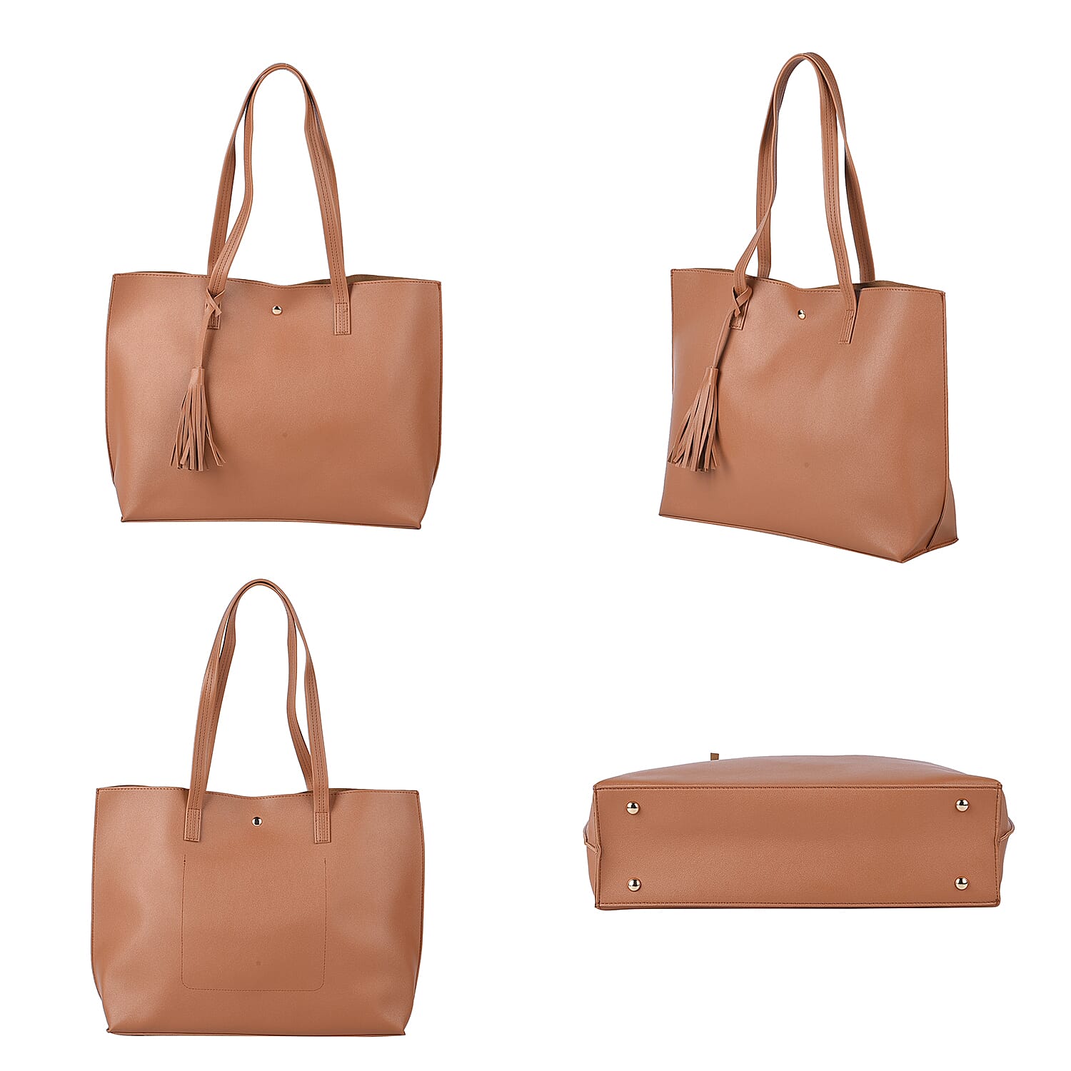 Passage Tan Women's Soft Faux Leather Tote Shoulder Bag with Tassel