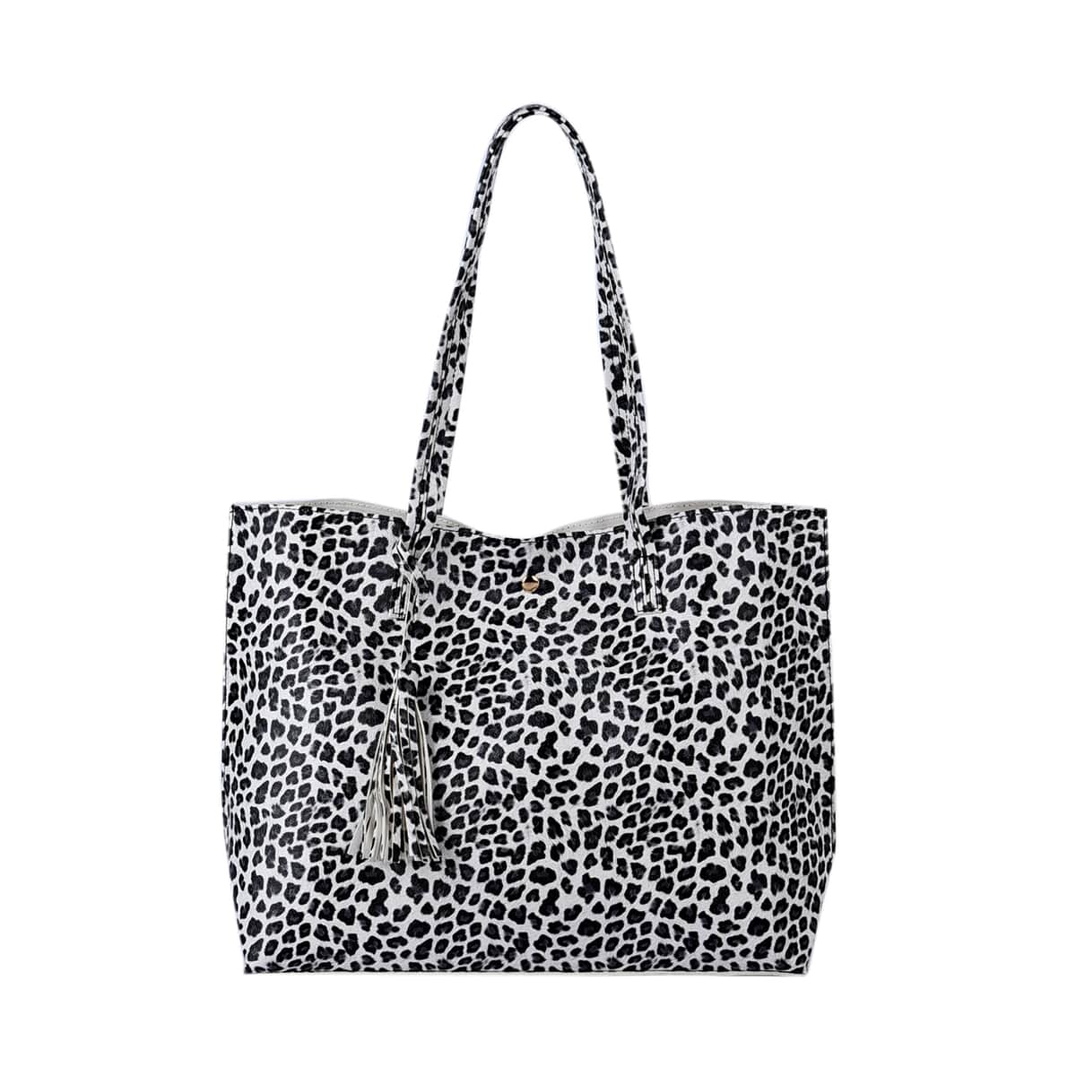 Passage Black and White Leopard Pattern Women's Soft Faux Leather Tote Shoulder Bag with Tassel image number 0