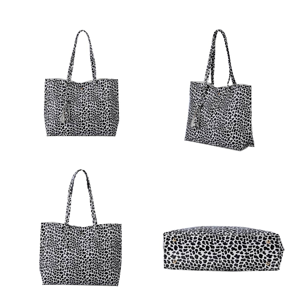 Passage Black and White Leopard Pattern Women's Soft Faux Leather Tote Shoulder Bag with Tassel image number 3