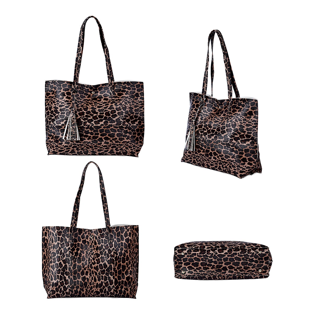 Passage Brown Leopard Pattern Faux Leather Tote Bag with Handle Drop image number 2
