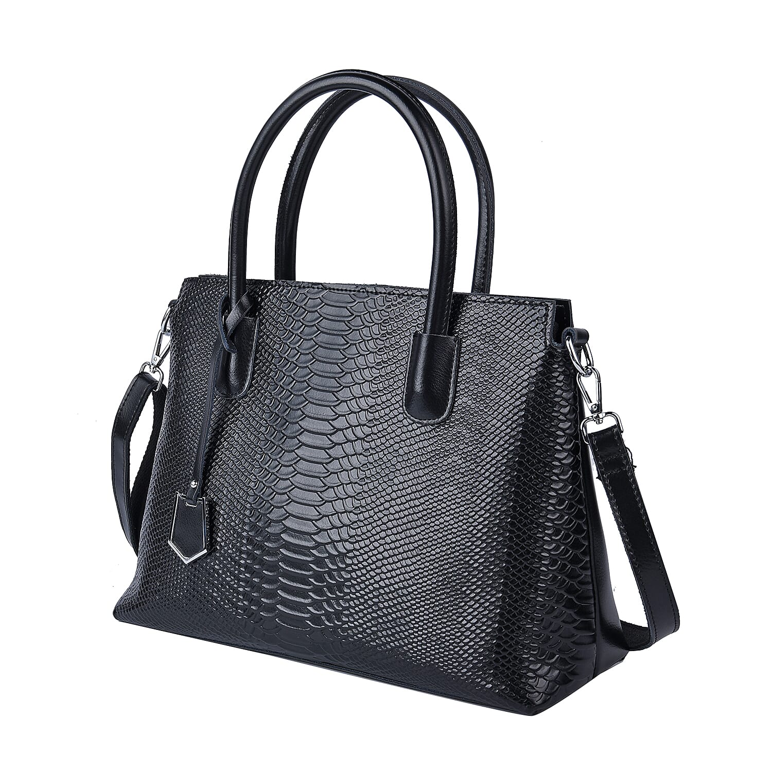 Black Genuine Leather Snakeskin Embossed Convertible Bag with Detachable Shoulder Strap