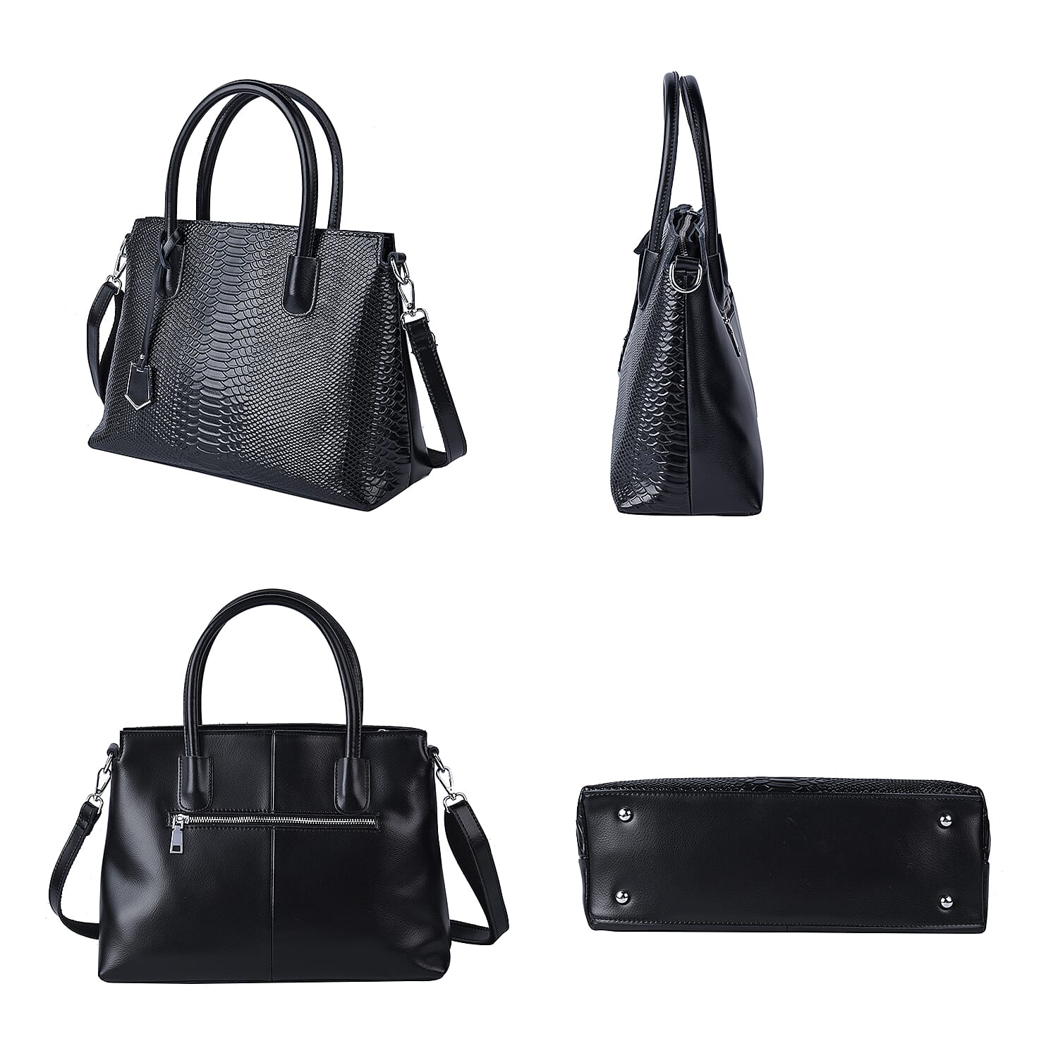 Black Genuine Leather Snakeskin Embossed Convertible Bag with Detachable Shoulder Strap