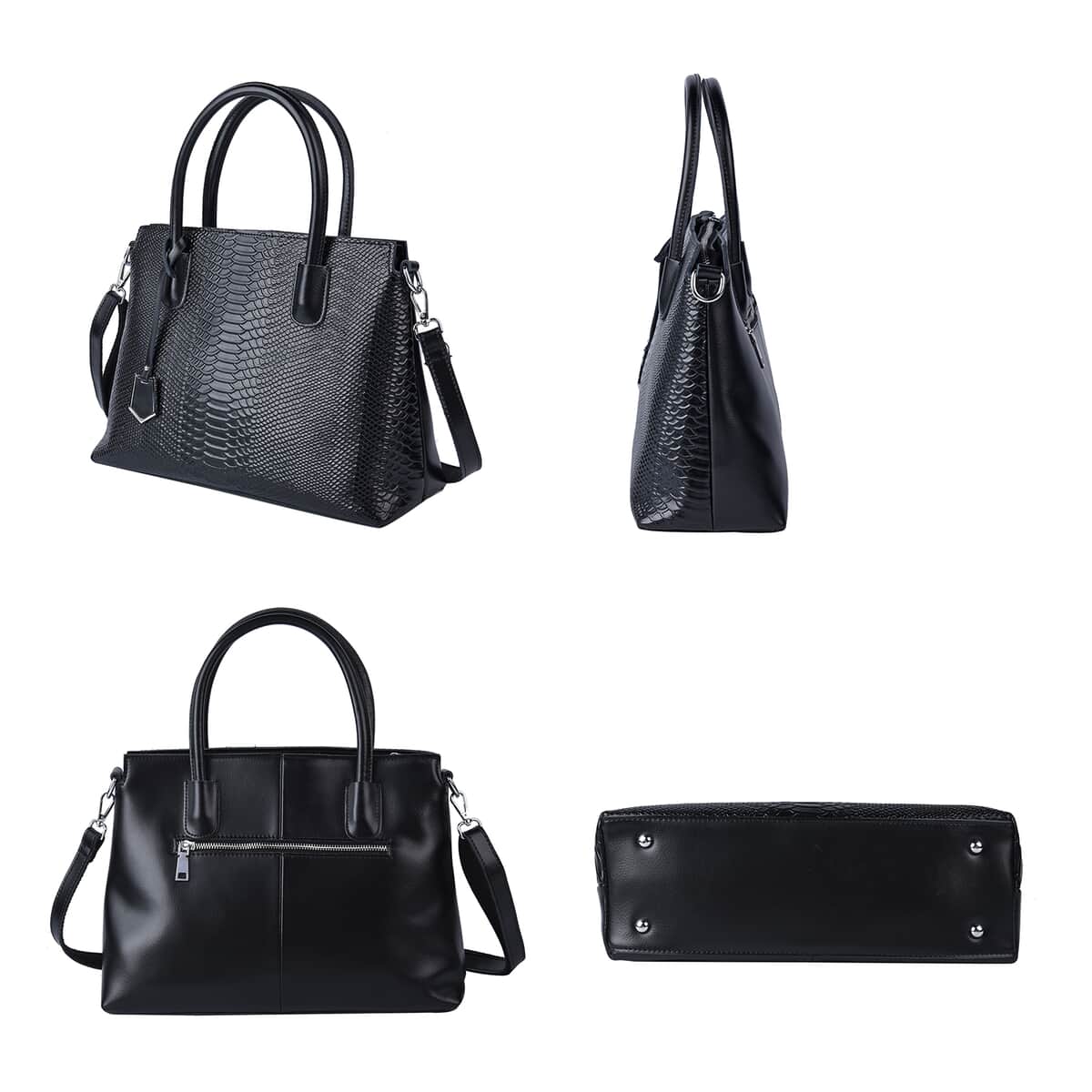 Black Genuine Leather Snakeskin Embossed Convertible Bag with Detachable Shoulder Strap image number 3