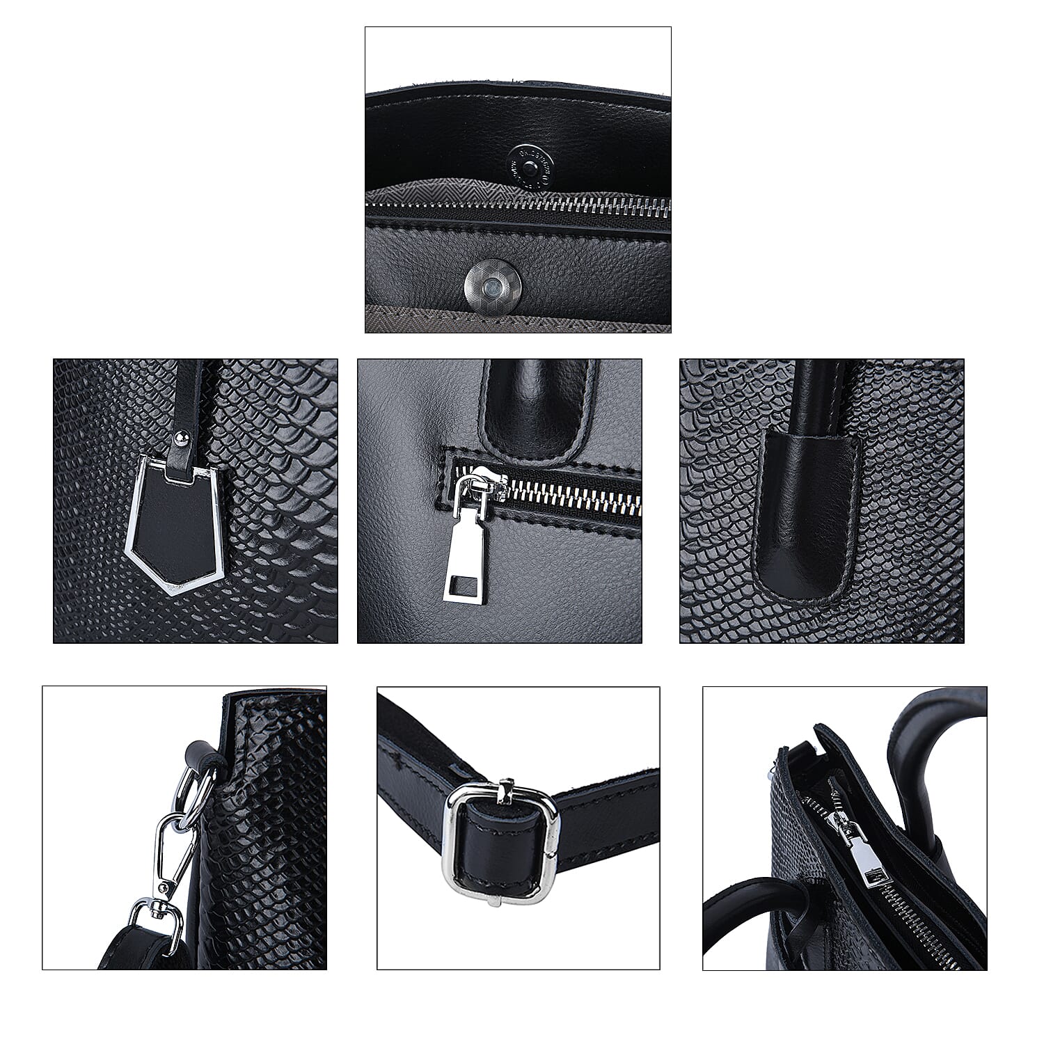 Black Genuine Leather Snakeskin Embossed Convertible Bag with Detachable Shoulder Strap