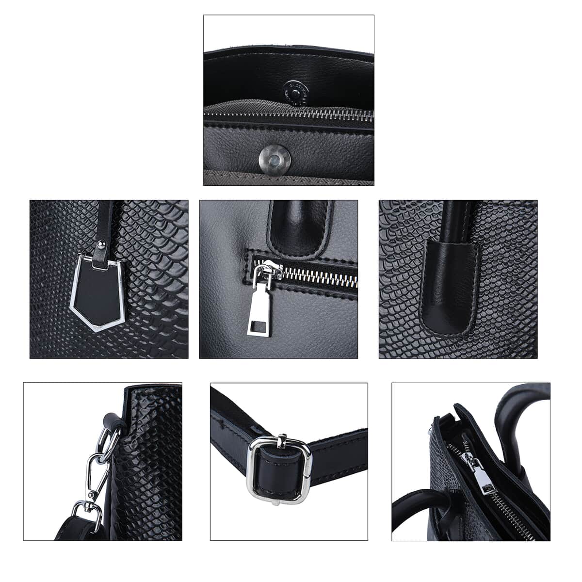 Black Genuine Leather Snakeskin Embossed Convertible Bag with Detachable Shoulder Strap image number 5