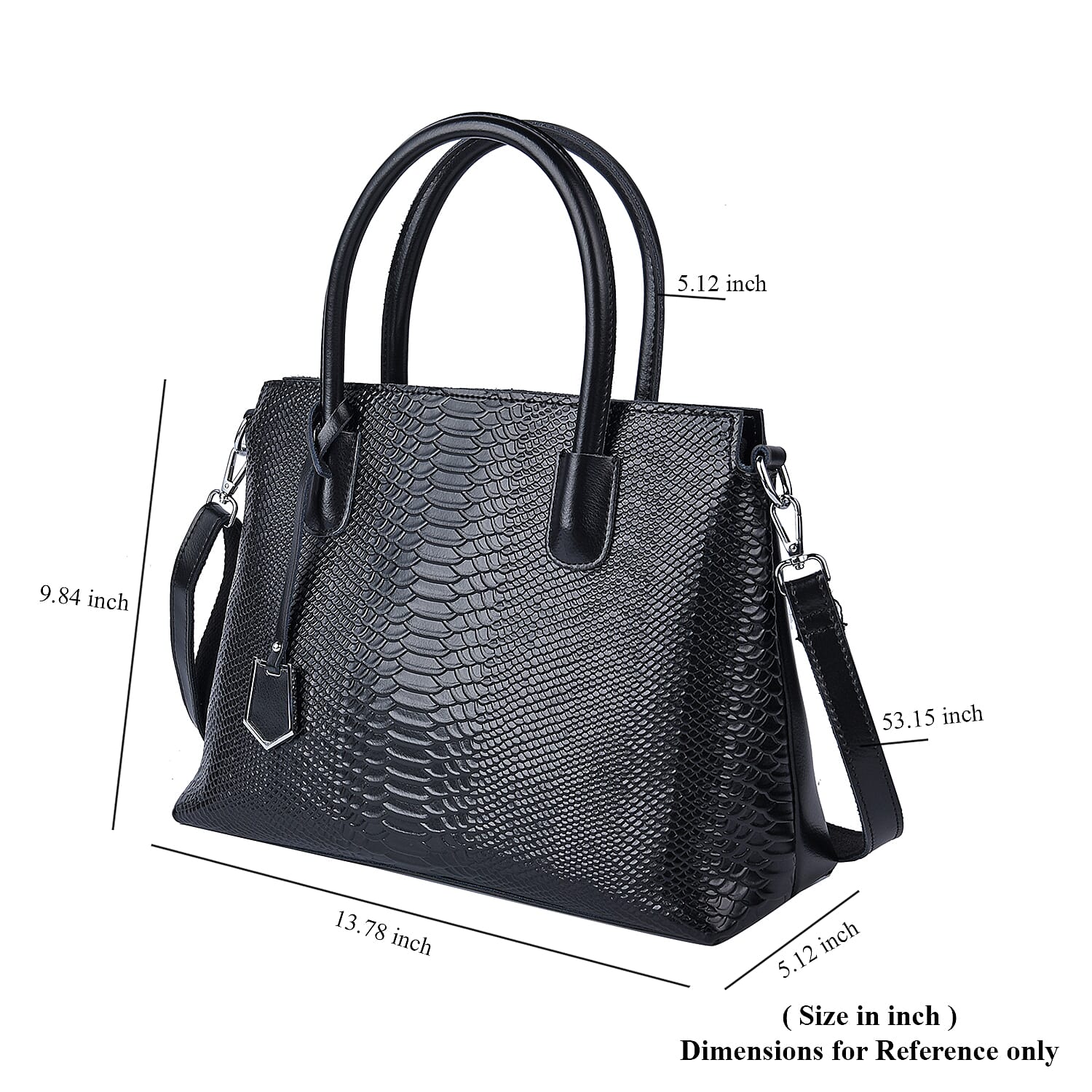 Black Genuine Leather Snakeskin Embossed Convertible Bag with Detachable Shoulder Strap