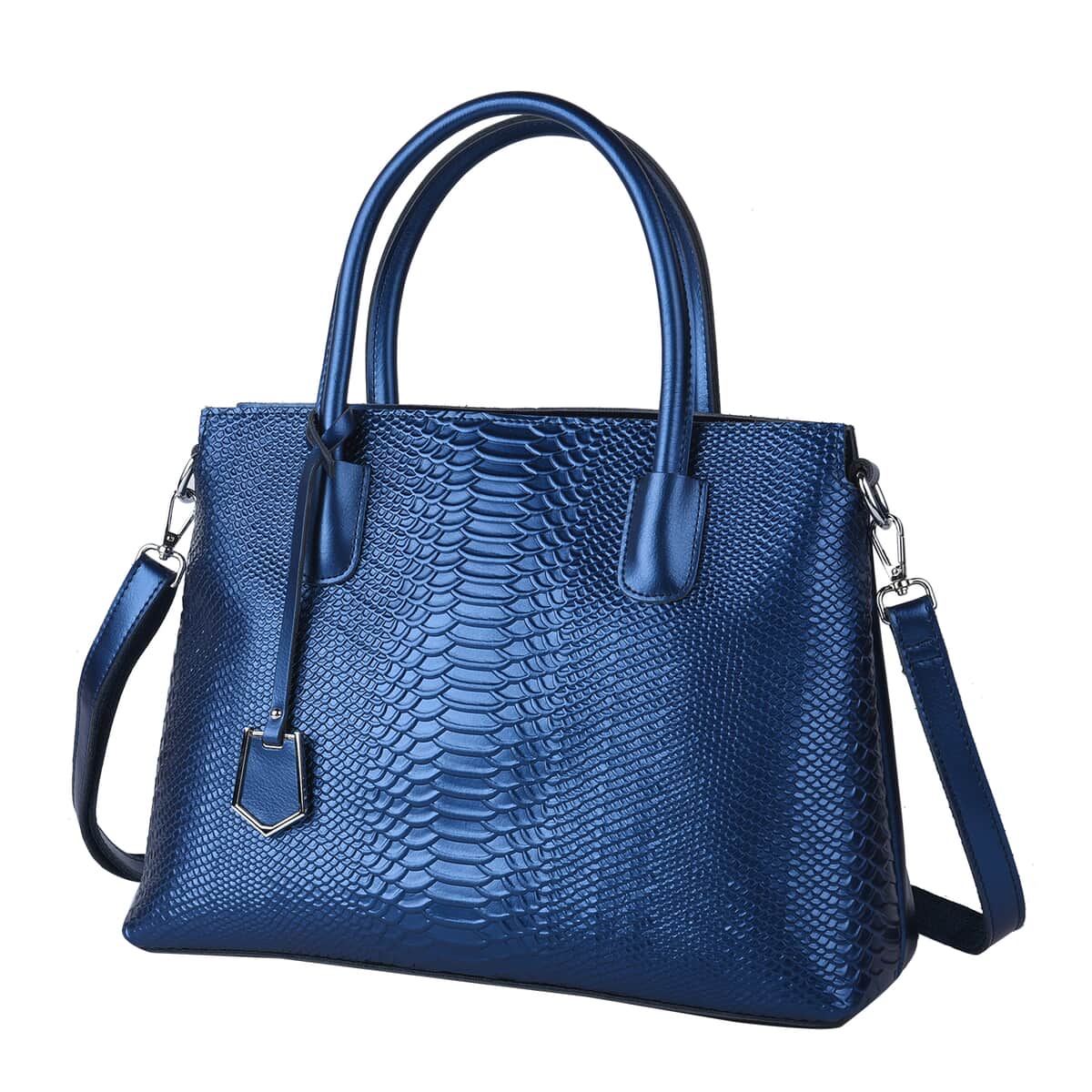 Metallic Blue Genuine Leather Snakeskin Embossed Convertible Bag with Detachable Shoulder Strap image number 0
