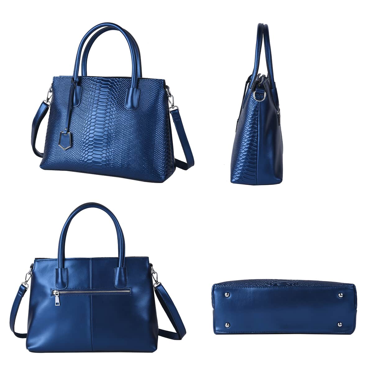 Metallic Blue Genuine Leather Snakeskin Embossed Convertible Bag with Detachable Shoulder Strap image number 3