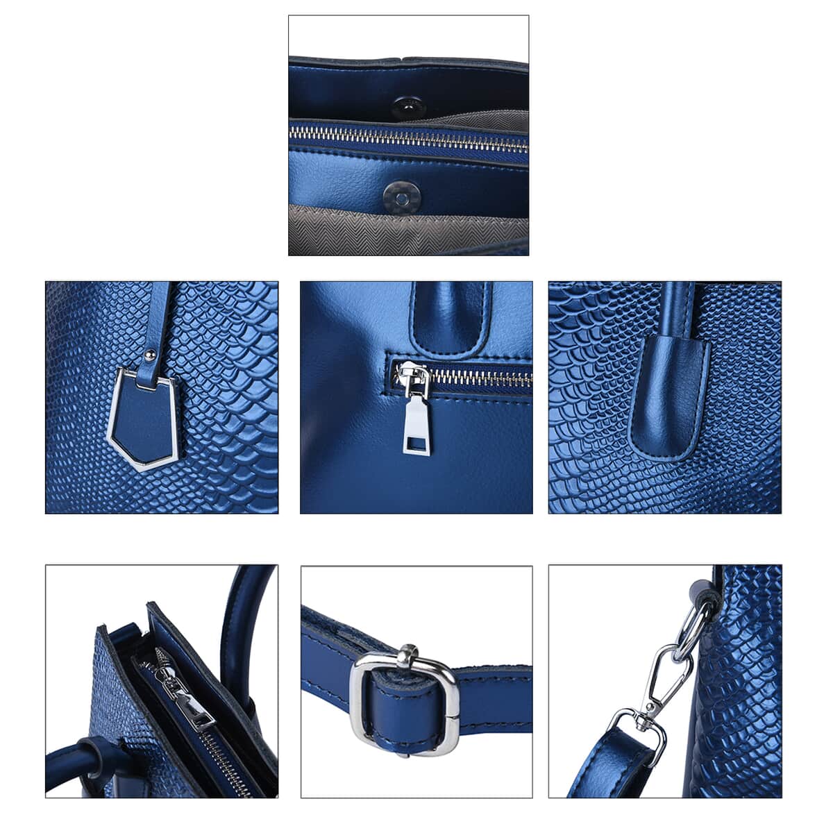 Metallic Blue Genuine Leather Snakeskin Embossed Convertible Bag with Detachable Shoulder Strap image number 5