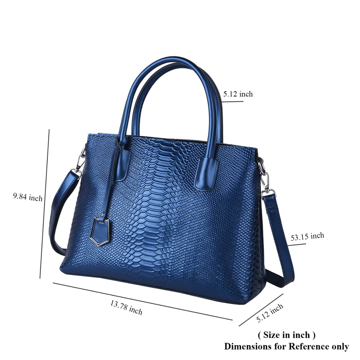 Metallic Blue Genuine Leather Snakeskin Embossed Convertible Bag with Detachable Shoulder Strap image number 6