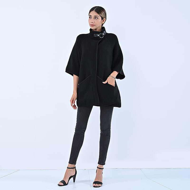 Passage Black Knit Oversized Coat For Women with Stand Collar and Buckle - S/M