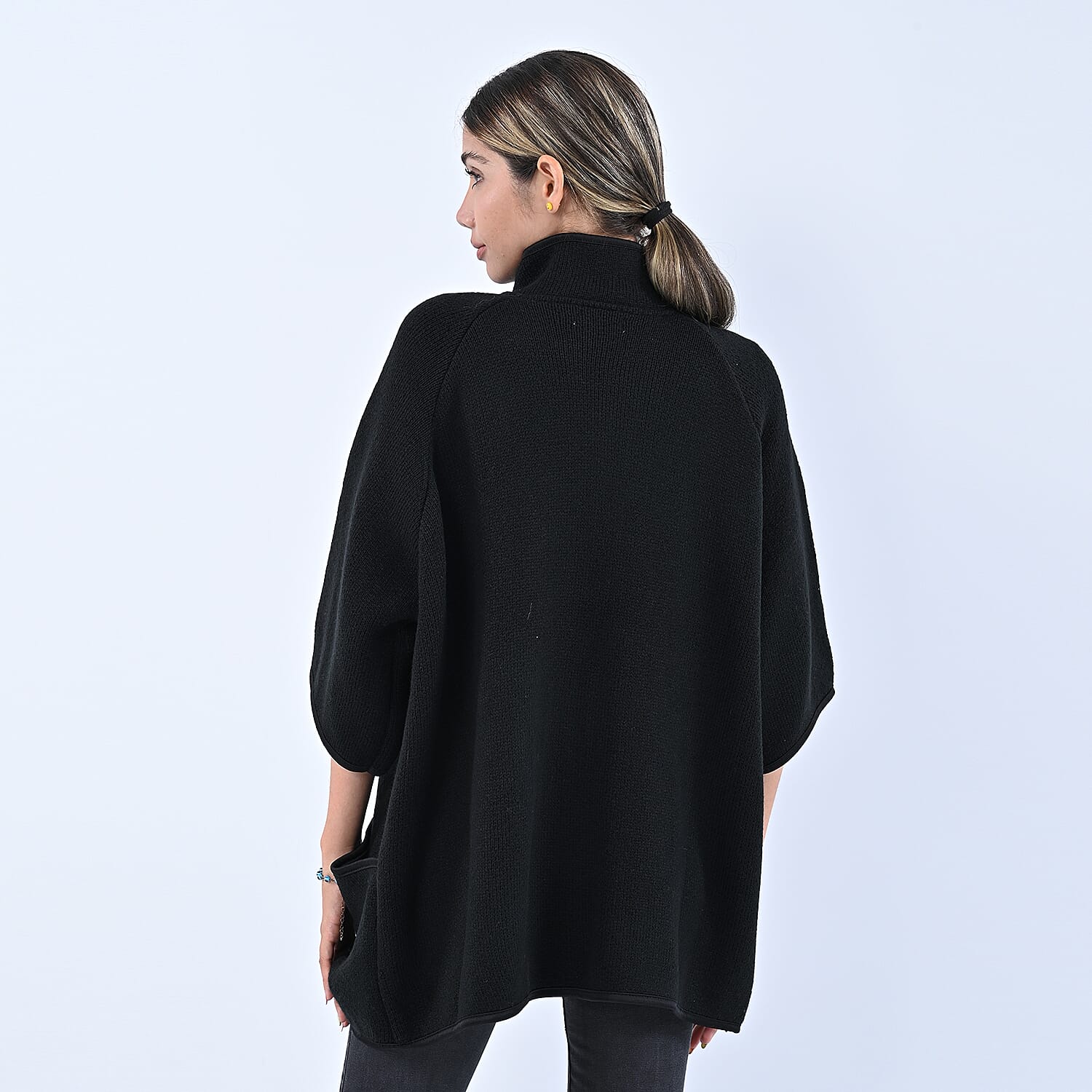 Passage Black Knit Oversized Coat For Women with Stand Collar and Buckle - S/M