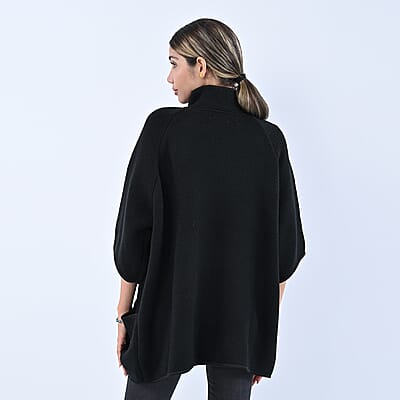 Passage Black Knit Oversized Coat For Women with Stand Collar and Buckle - S/M