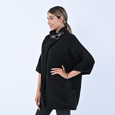 Passage Black Knit Oversized Coat For Women with Stand Collar and Buckle - S/M