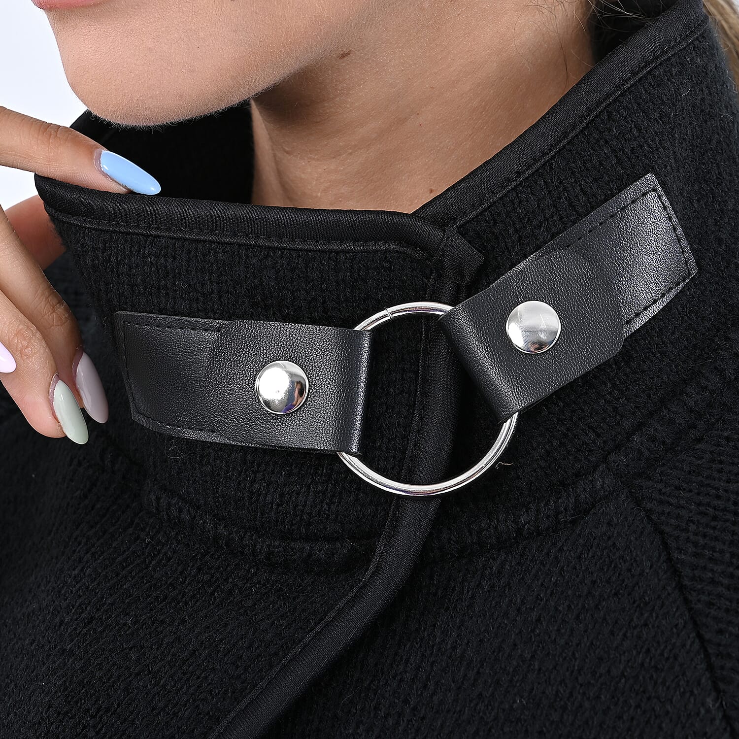 Passage Black Knit Oversized Coat For Women with Stand Collar and Buckle - S/M