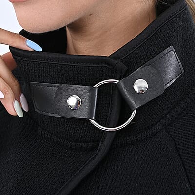 Passage Black Knit Oversized Coat For Women with Stand Collar and Buckle - S/M