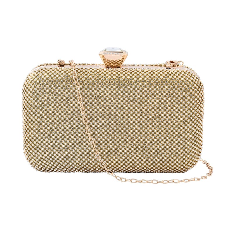 Gold Color Crystal Clutch Bag with 47 Inches Chain Strap