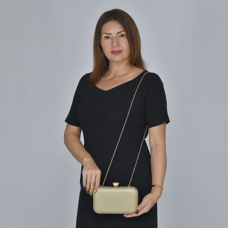 Gold Color Crystal Clutch Bag with 47 Inches Chain Strap