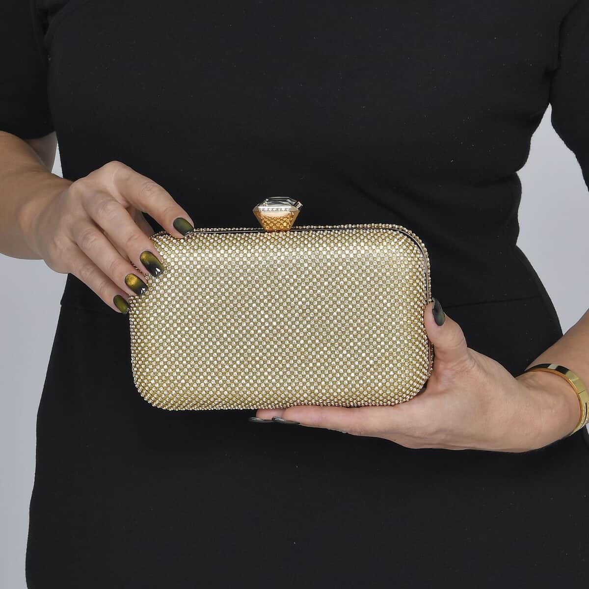 Gold Color Crystal Clutch Bag with 47 Inches Chain Strap image number 2
