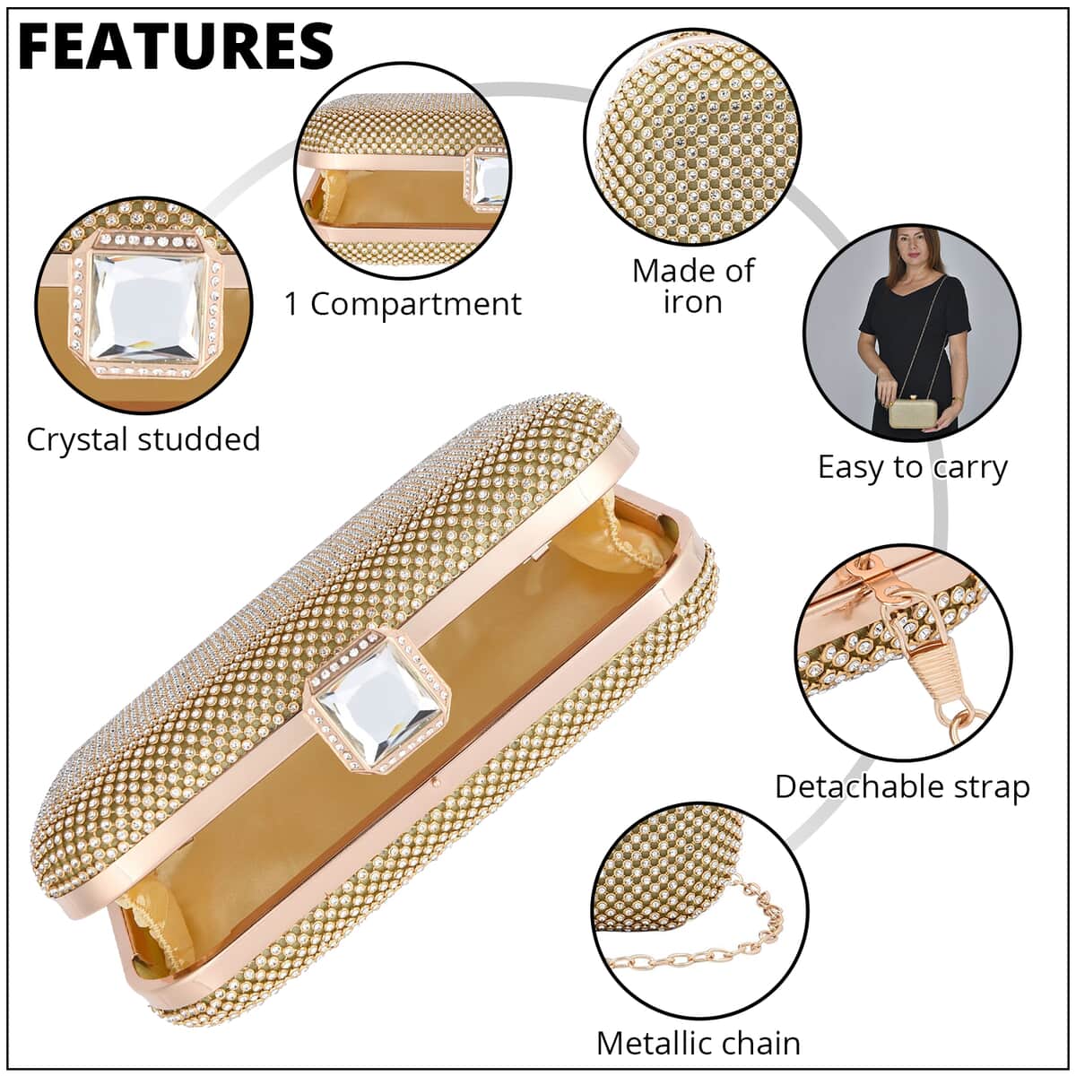 Gold Color Crystal Clutch Bag with 47 Inches Chain Strap image number 3