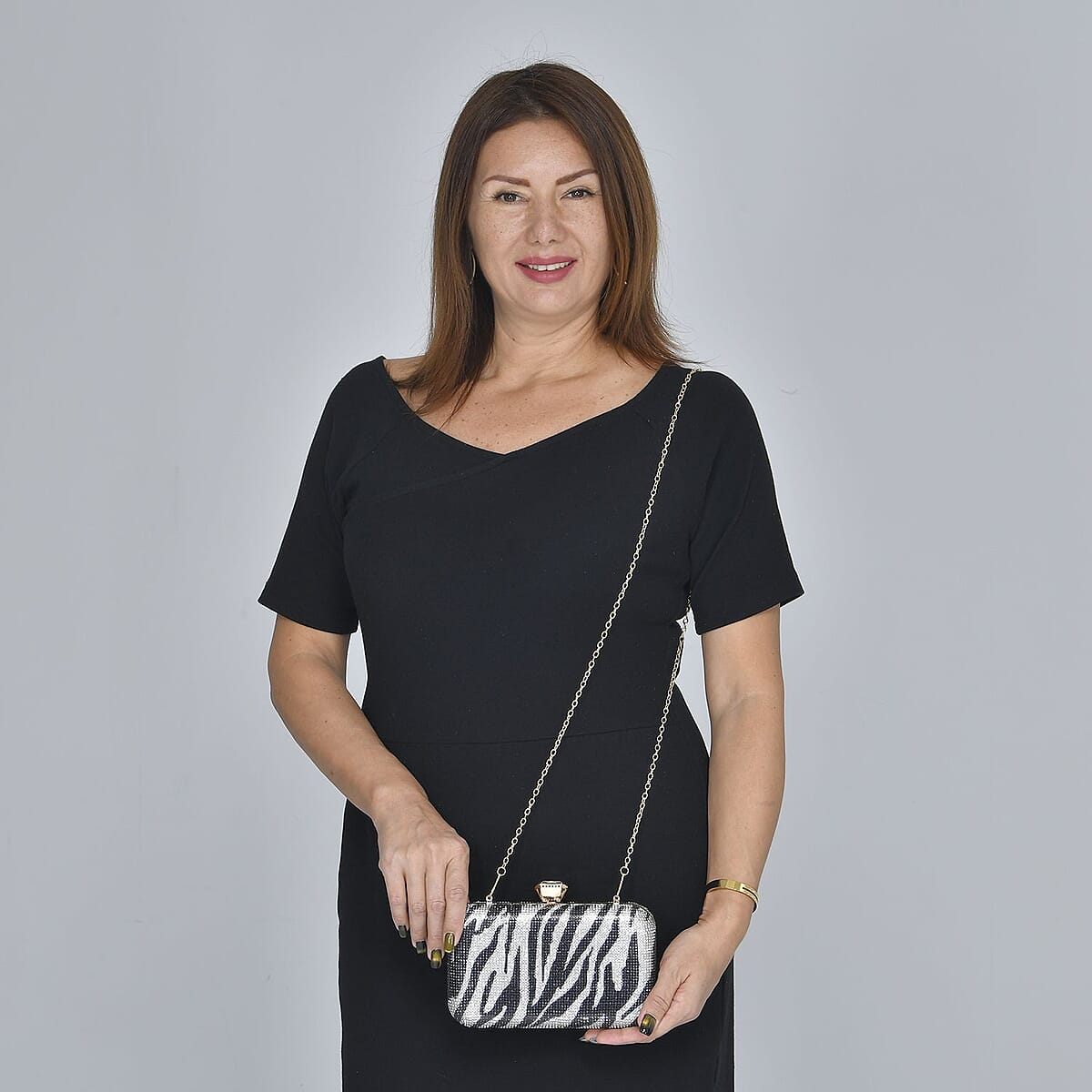 Black and White Zebra Print Crystal Clutch Bag with 47 Inches Chain Strap image number 1