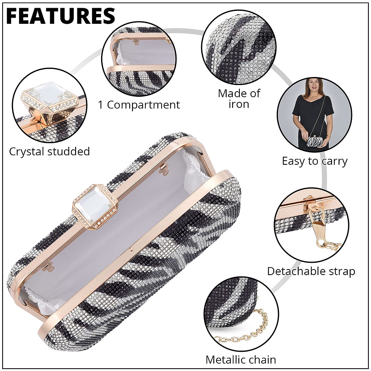 Black and White Zebra Print Crystal Clutch Bag with 47 Inches Chain Strap image number 3