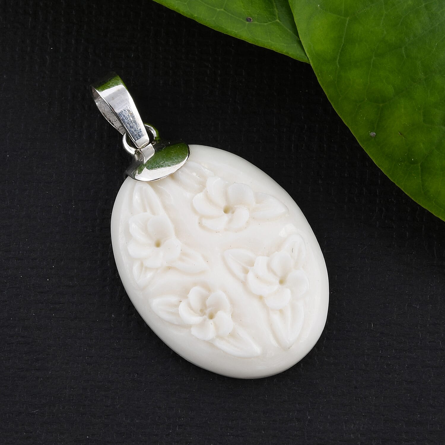 Bali Goddess Carved Bone Flower Pendant in Sterling Silver